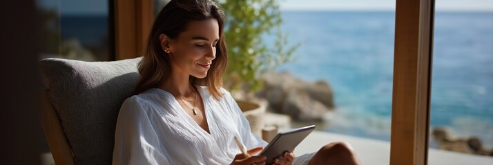 Caucasian young female relaxing by the sea reading a tablet in cozy beachfront setting