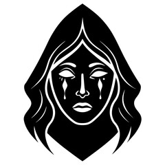Stylized black and white graphic of a woman with flowing hair and tears streaming from her eyes