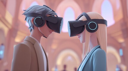 Virtual reality encounter  a romantic meeting between two ai characters in an immersive world