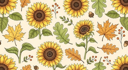 Autumnal Abundance - Sunflowers and Fall Foliage Pattern.