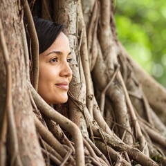 A curious woman with long, flowing hair peeks out from behind the gnarled roots of an ancient tree, surrounded by lush greenery and dappled sunlight.