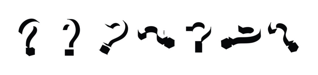 Black question mark 3d icon illustration with different views and angles. Simple monochromatic black question mark icon on a white background., vector illustration.