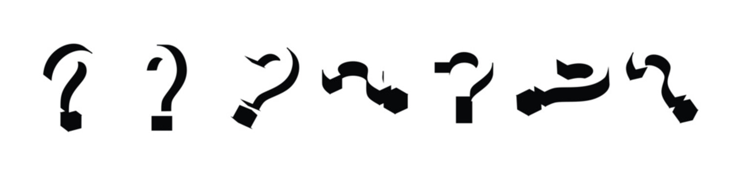 Black question mark 3d icon illustration with different views and angles. Simple monochromatic black question mark icon on a white background., vector illustration.