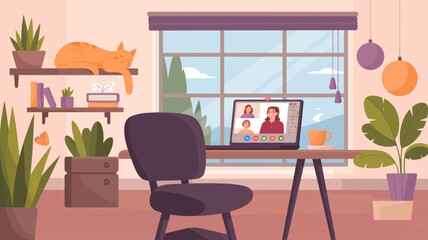 Cozy home office with cat and video call
