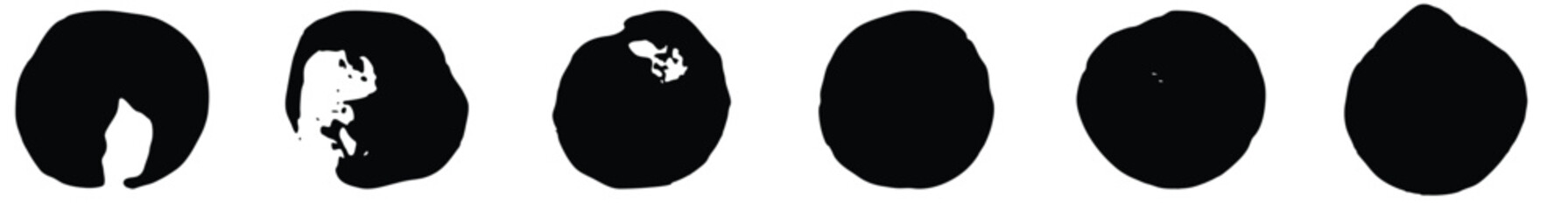 Round grunge scratch and textured ink brush strokes set. isolated vector black Collection. Dirty expressive hand drawn inky stains and blobs, vector illustration.