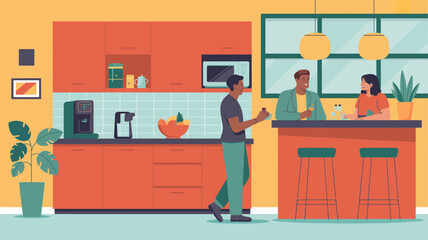 Modern kitchen and bar area with people