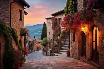 Fototapeta premium Charming cobblestone street with colorful flowers and warm lights at dawn in a picturesque tuscan village