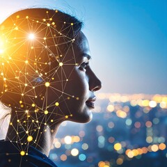 A woman gazes upward, her head tilted back, captivated by a vibrant, abstract display of city lights swirling in a kaleidoscope of colors.