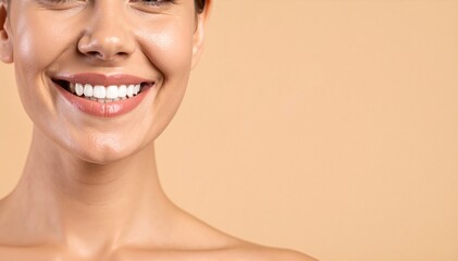 A cheerful woman with bright white teeth beams at the camera, her eyes sparkling with joy, set against a vibrant outdoor backdrop.