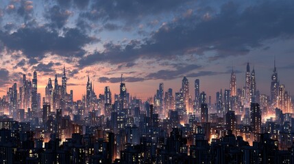 Obraz premium Stunning virtual city skyline at dusk, showcasing illuminated buildings and vibrant colors