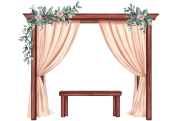 Floral-draped, wooden archway with flowing fabric, small table