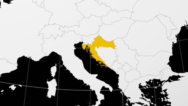 Croatia map. Animated zoom into the country on the Globe in Black White color palette. Country logo animation. Map with meridians, parallels. Alive video.