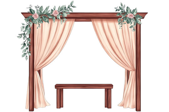 Floral-draped, wooden archway with flowing fabric, small table