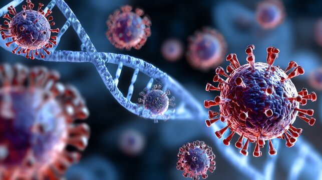 An intricate visualization of DNA strands intertwined with virus particles, symbolizing the connection between genetics and infectious diseases in modern science.