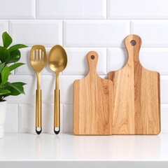 A rustic wooden cutting board showcases two elegant gold spoons and a sleek black spatula, creating a stylish kitchen arrangement perfect for culinary tasks.