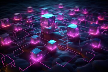 Blockchain network connecting cubes glowing with futuristic purple lights, representing cryptocurrency, metaverse, and data security