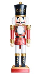 A charming wooden nutcracker soldier, intricately painted in vibrant red and gold hues, stands proudly, showcasing festive details and a classic design.