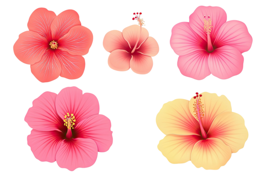 Five isolated, vibrant hibiscus blooms on a black field - Powered by Adobe