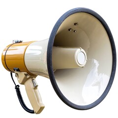 A vibrant yellow and white megaphone, featuring a sleek design with a comfortable grip, ideal for amplifying voices at events or gatherings.