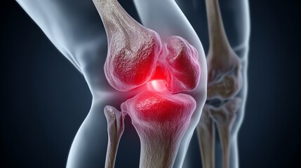 This image showcases a detailed anatomical view of human knees with highlighted areas indicating pain or injury. It emphasizes joint health and medical education in orthopedics.
