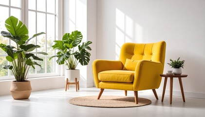 A vibrant yellow chair sits invitingly in the corner of a spacious, empty room, surrounded by lush green plants that add a touch of life and color.