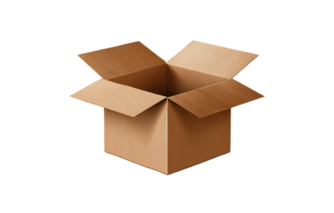 An open cardboard box, viewed at eye level, floats on a black background