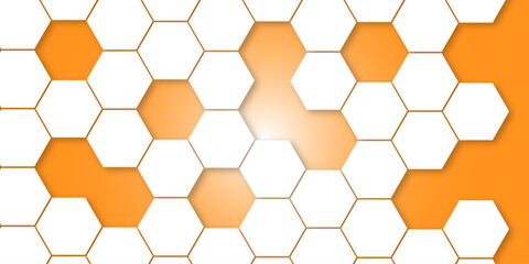 Seamless white geometric hexagon pattern on light orange background. Simple abstract background. Abstract 3D rendering of a textured surface composed of numerous white hexagons. Simple background.