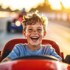 A cheerful young boy with bright eyes beams with joy as he confidently steers his colorful toy car down a sunny sidewalk, enjoying his playful adventure.