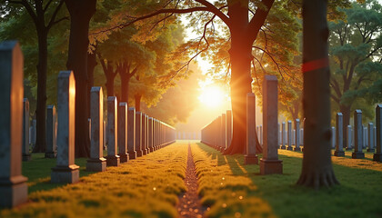 Peaceful cemetery pathway illuminated by sunset through trees, lined with gravestones, evoking reflection and tranquility