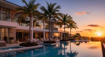 Obraz premium Stunning modern luxury villa with an infinity pool reflecting a beautiful tropical sunset. The architecture features glass walls, palm trees, and a serene outdoor setting, perfect for showcasing luxur