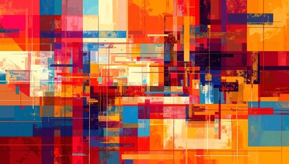 Vibrant abstract background featuring a dynamic arrangement of colorful squares and rectangles in various sizes, creating a lively and energetic composition.