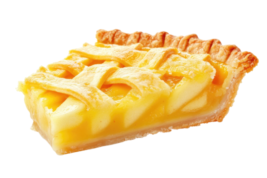 Lattice-topped apple pie slice, golden crust, juicy filling