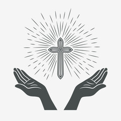 Vector Black and White Open Hands with Cross. Symbol of Faith and Prayer. Design Template for Church Logo. Prayer, Religion Concept. Monochrome Cut Out Silhouette Icon. Vector Illustration