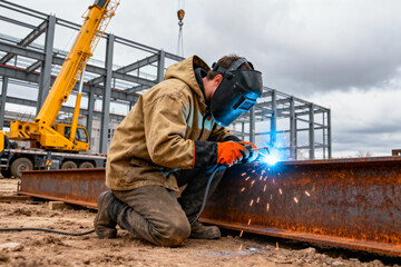 Professional welder wearing protective mask and workwear performs arc welding on a massive rusty steel I-beam at a construction site
