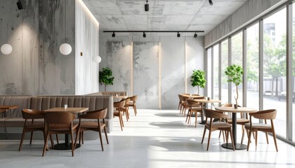 Fototapeta premium Luxury contemporary restaurant dining room interior design with wooden floor, tables, and chairs, indoor nobody