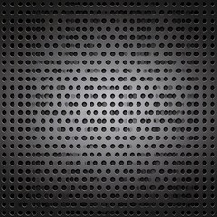 A textured black metal background featuring irregularly shaped holes, creating a striking contrast between the dark surface and the light filtering through.