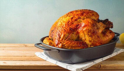 A golden roasted poultry dish, resting in a baking pan, on a wooden surface