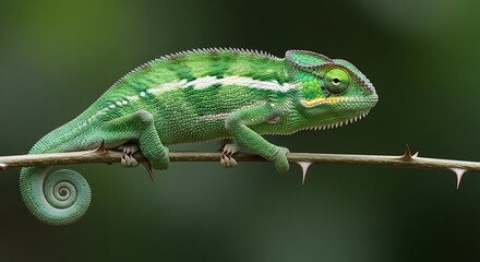 Fototapeta premium Chameleon on Branch Green Reptile Camouflage in Madagascar Wildlife