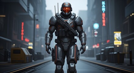 A futuristic armored soldier with orange accents walking down a high-tech city street, carrying a rifle and wearing tactical gear.