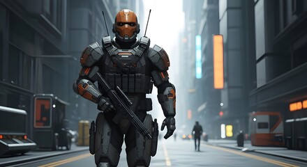 A heavily armored futuristic soldier standing in a neon-lit city street, holding a sci-fi rifle and wearing an advanced helmet with an orange visor.
