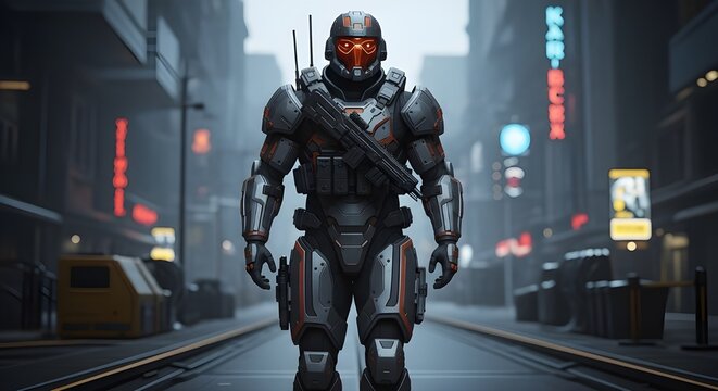 A futuristic armored soldier with orange accents walking down a high-tech city street, carrying a rifle and wearing tactical gear.