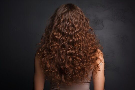 Back view of long brown curly hair of young woman on gray background, hair care concept