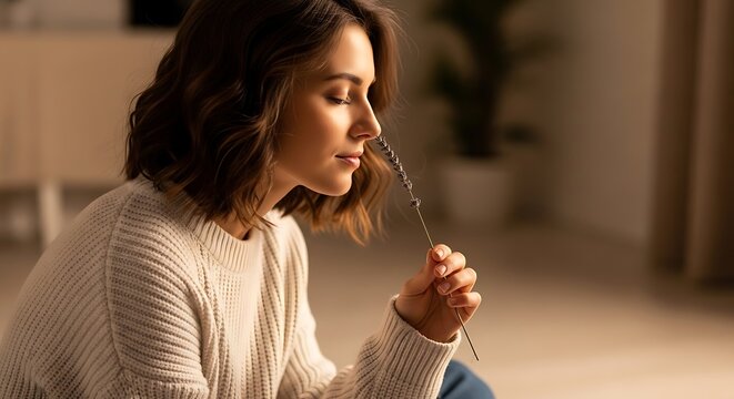 Woman Smelling Food on Fork, Tasting, Enjoying Meal, Healthy Eating, Indoor Lifestyle - Powered by Adobe