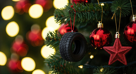 Tire ornament hanging on christmas tree with red decorations