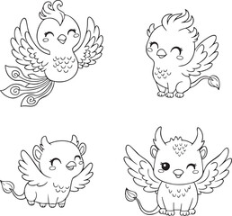 Obraz premium Cute Mythical Creatures Coloring Book Set - Kawaii Fantasy Animals Line Art