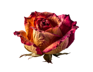 Close-up of a partially withered rose with dark red and yellow petals
