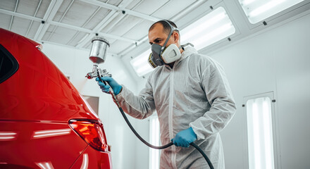 Mechanic painting car in professional paint booth garage