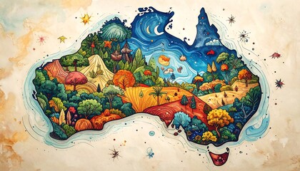 Whimsical, illustrated map of a continent, showcasing diverse landscapes
