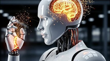 A humanoid robot with an exposed brain and glowing hand, symbolizing artificial intelligence, technology, and the future of robotics and neural networks ai generated vedio