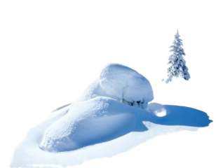 Isolated snow-covered rock formation with evergreen tree on a transparent backdrop